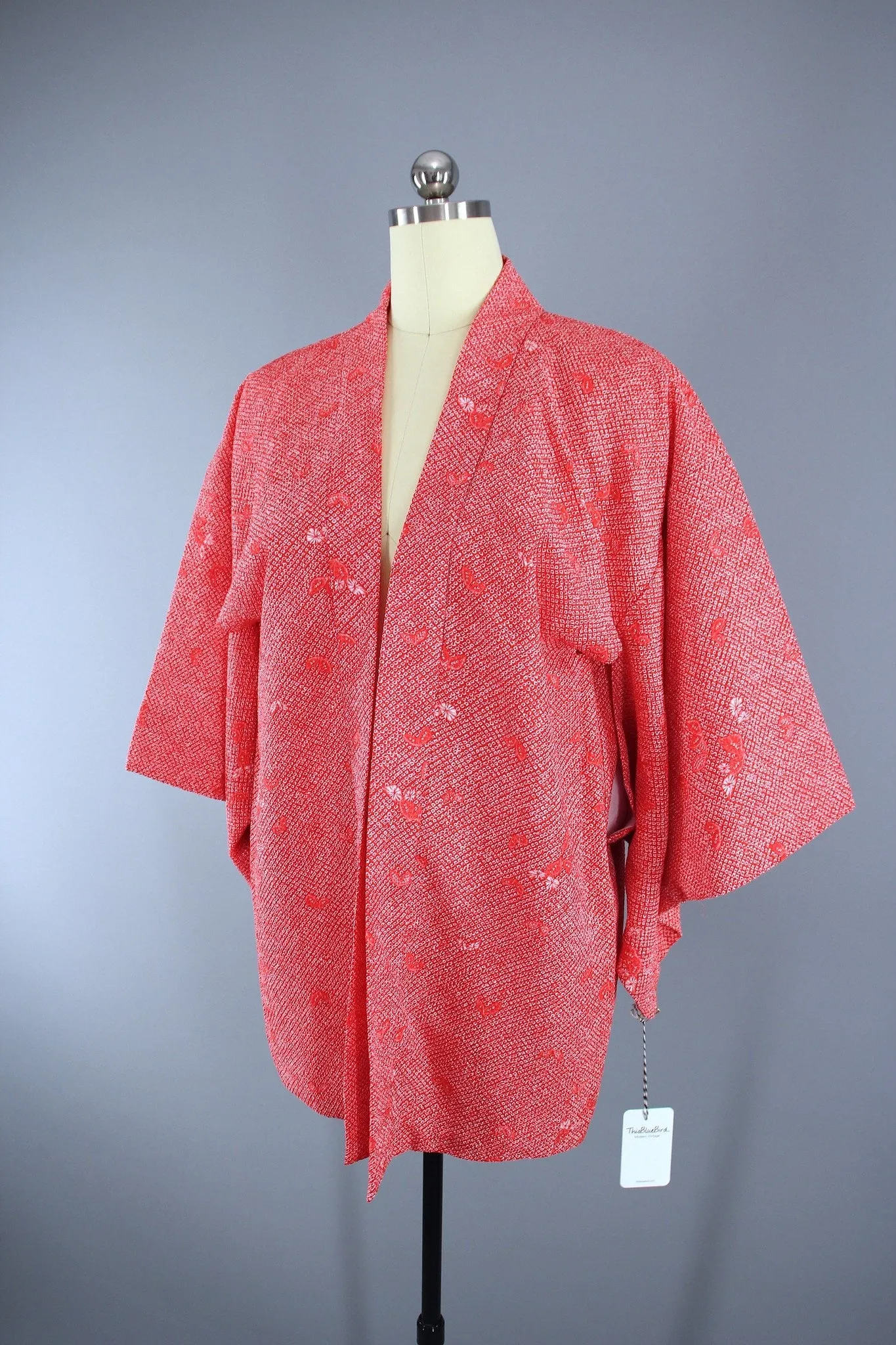 1980s Vintage Haori Kimono Jacket Cardigan / Watermelon Pink Shibori Print